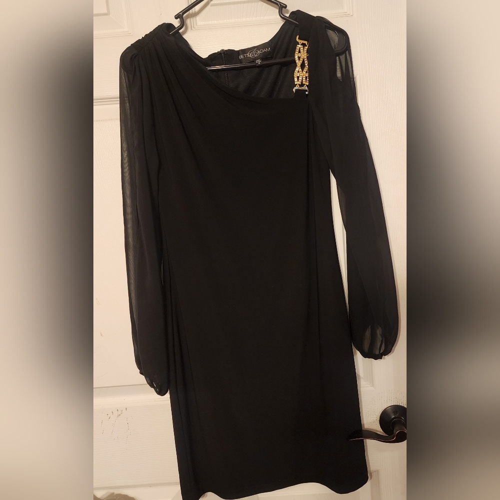 Betsy & Adam Black One-Shoulder Cocktail Dress with Gold Accent
